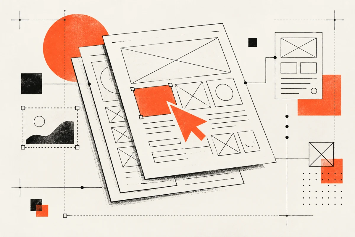 Illustration of black and coral interfaces with a cursor.
