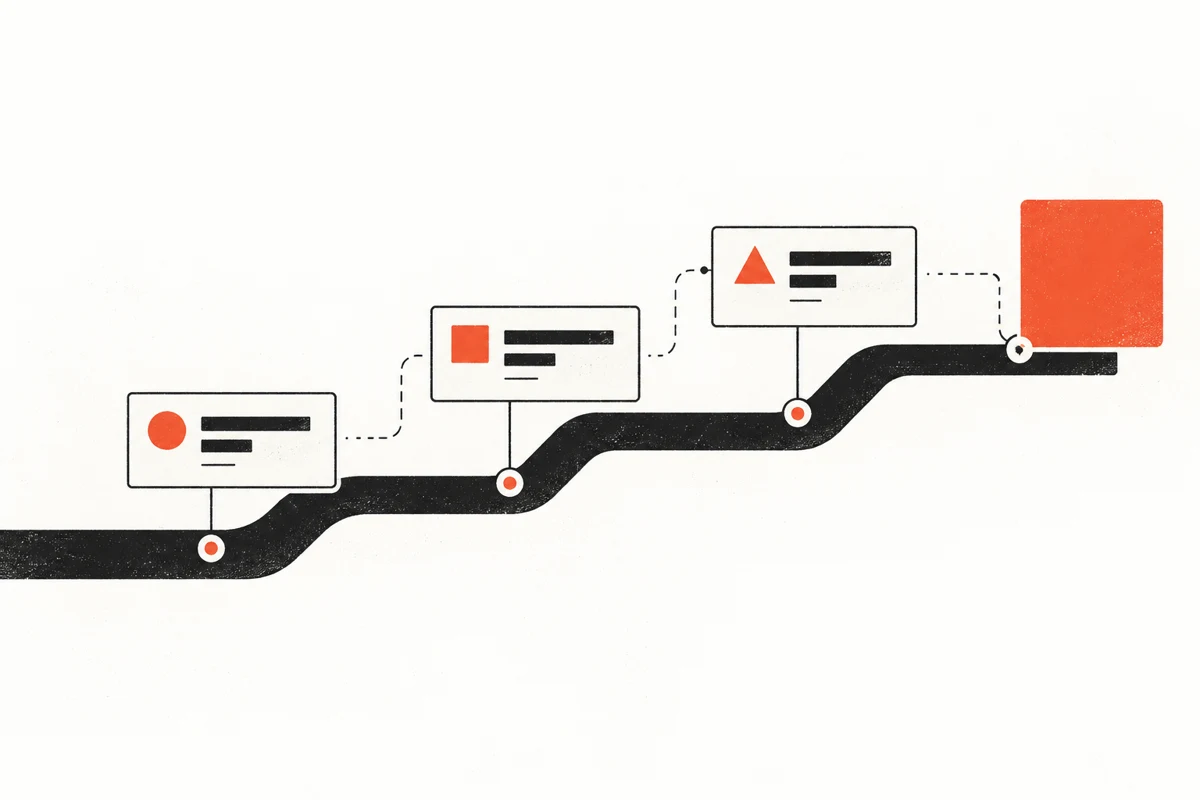 Illustration of task cards following a line toward a coral square.