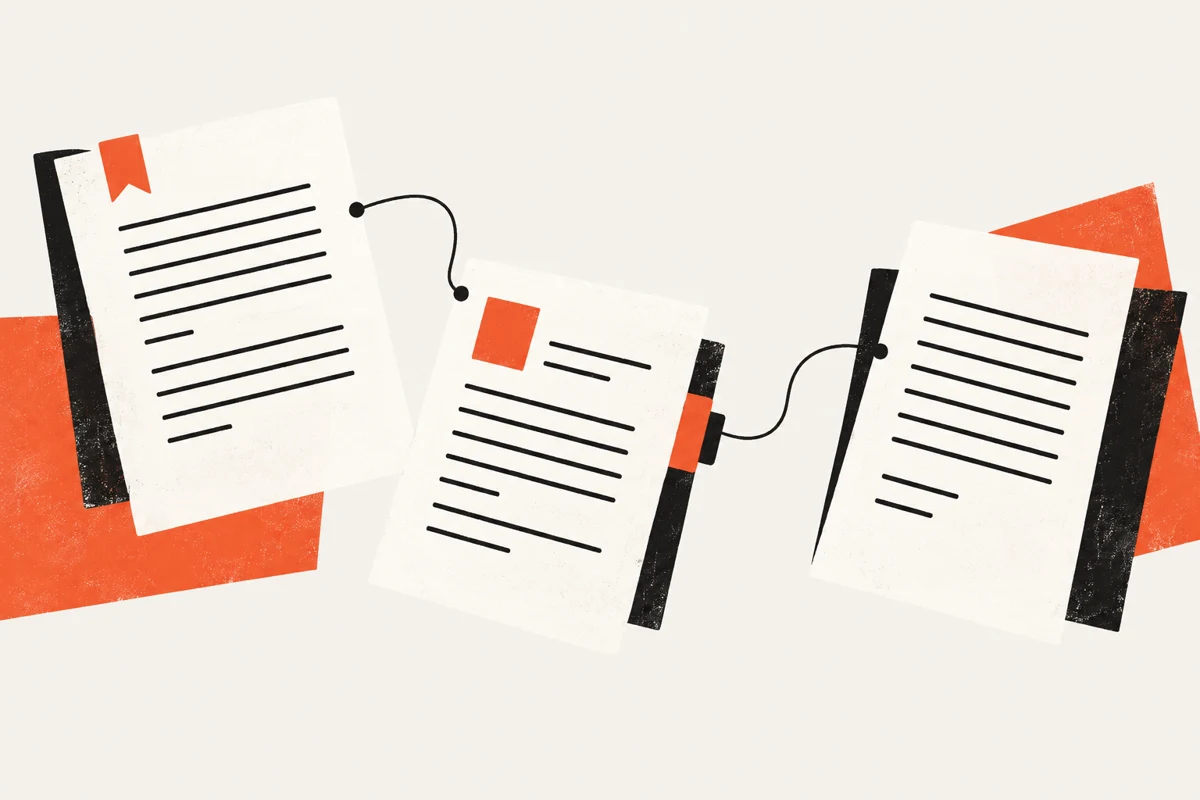Illustration of connected documents with a coral marker.